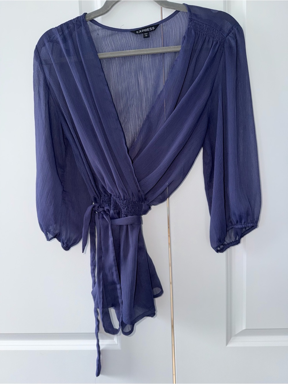 Express Blue/Periwinkle Sheer Wrap Blouse Size M Smocked Waist Tie | Peplum - Picture 6 of 7